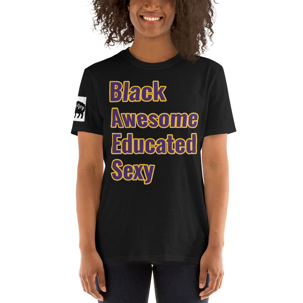 Short-Sleeve Unisex Black,Awesome,Educated,Sexy” T-Shirt