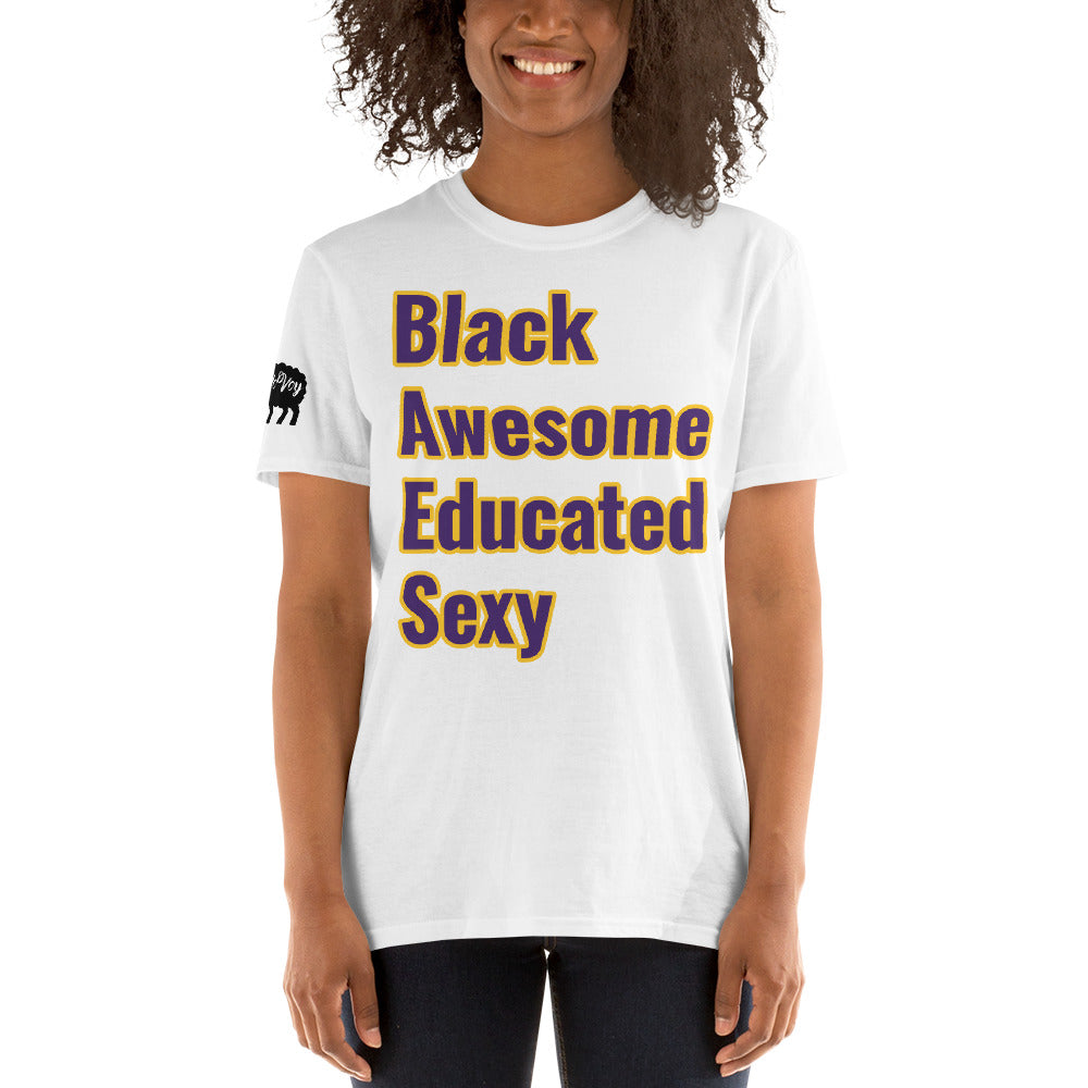 Short-Sleeve Unisex Black,Awesome,Educated,Sexy” T-Shirt