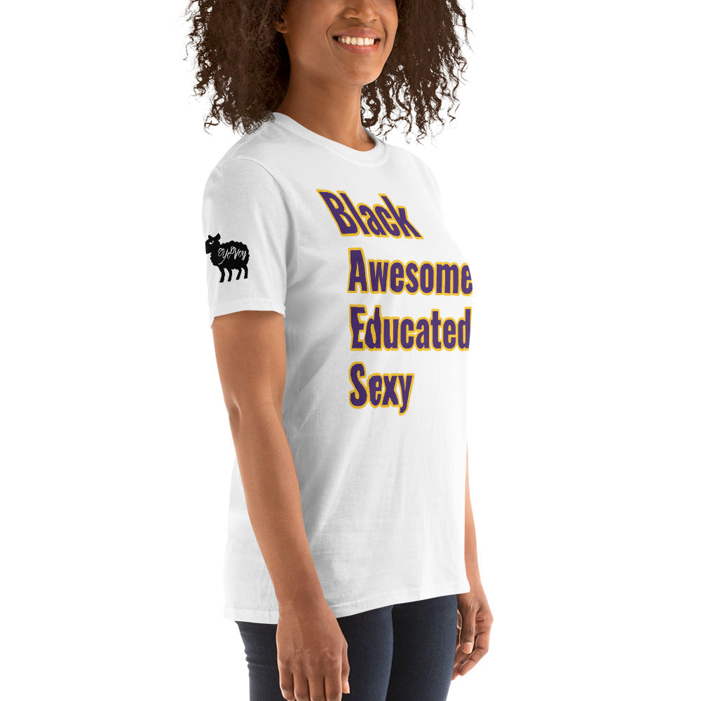 Short-Sleeve Unisex Black,Awesome,Educated,Sexy” T-Shirt