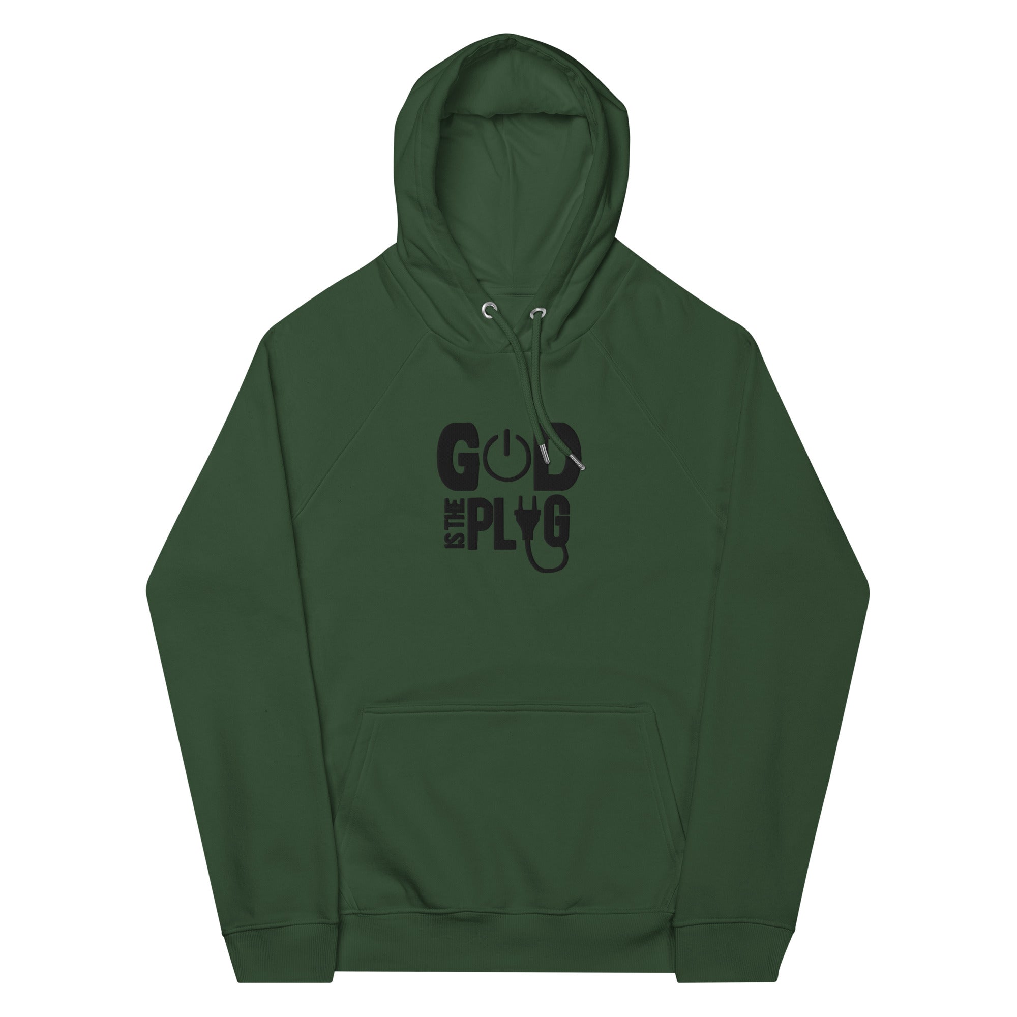 “God is the plug” Unisex eco raglan hoodie