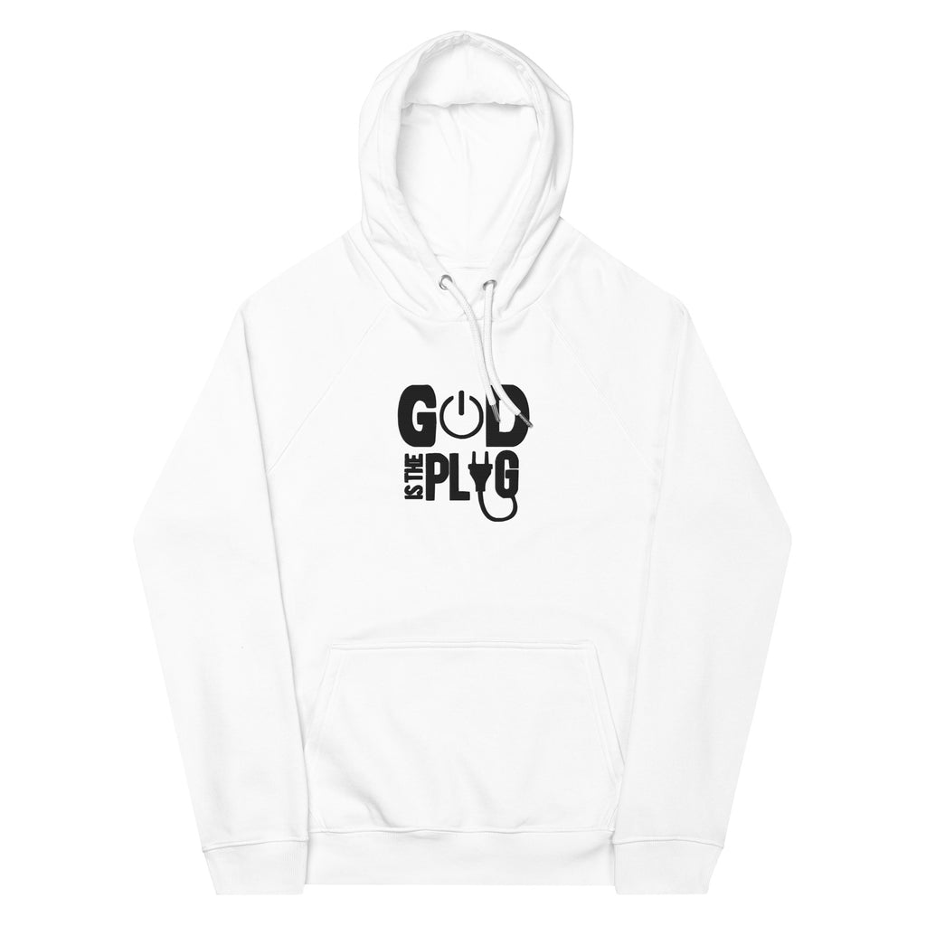 “God is the plug” Unisex eco raglan hoodie