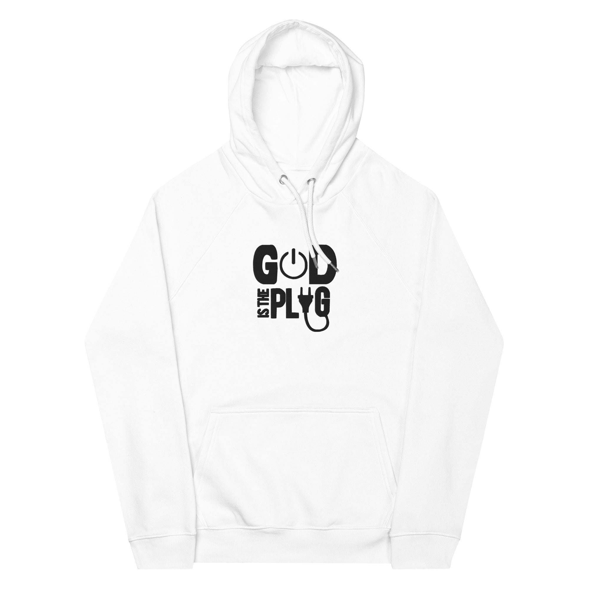 “God is the plug” Unisex eco raglan hoodie