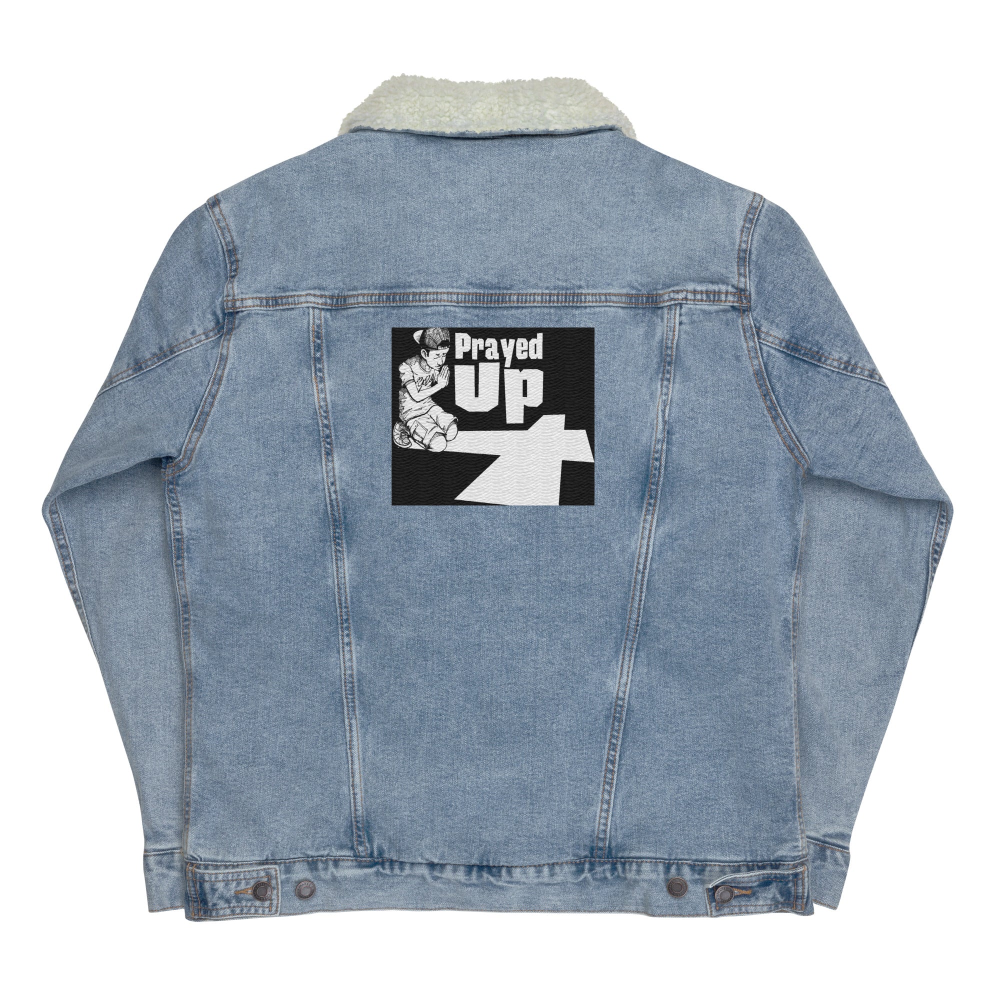 “PrayedUp Boy” denim sherpa jacket