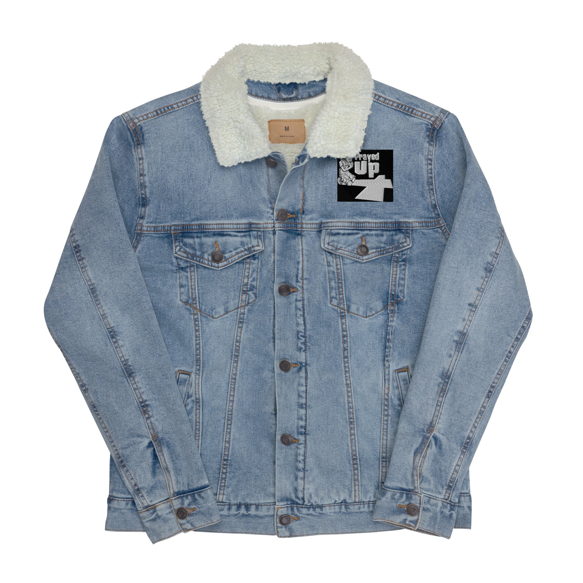 “PrayedUp Boy” denim sherpa jacket